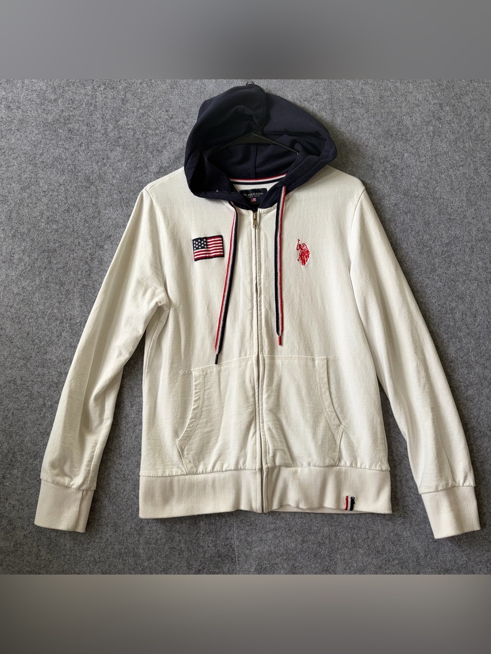 U.S. Polo Assn.Ivory Zip-Up Hoodie with Navy Hood and Red Pony